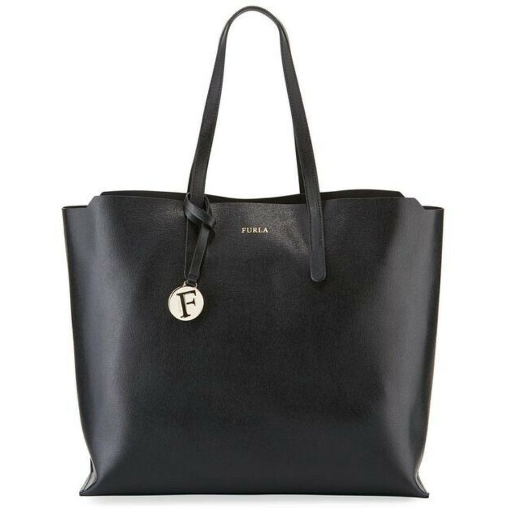 NEW Furla Sally Black Logo Saffiano Leather Shoulder Neverfull Tote Bag
